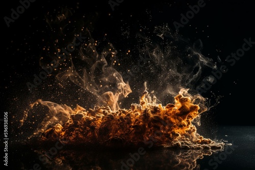 Fire particles on black background with dust and debris, creating a motion spray burst. Generative AI