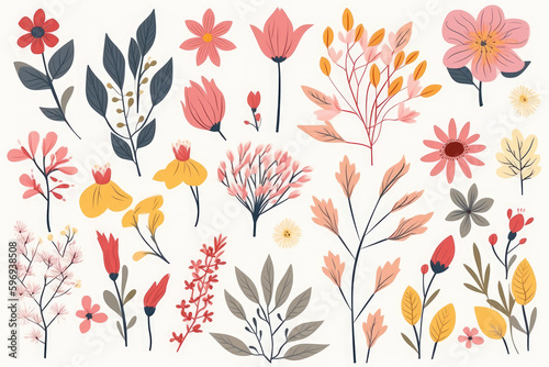 Beautiful set with vector spring flowers set collection on white background , Colorful flower branches isolated, generative AI