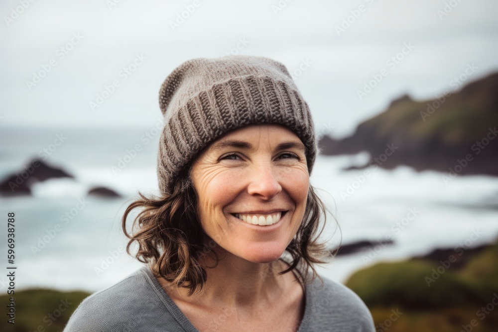 Portrait of smiling woman standing in front of the camera at the beach Portrait of smiling woman standing in front of the camera at the beach