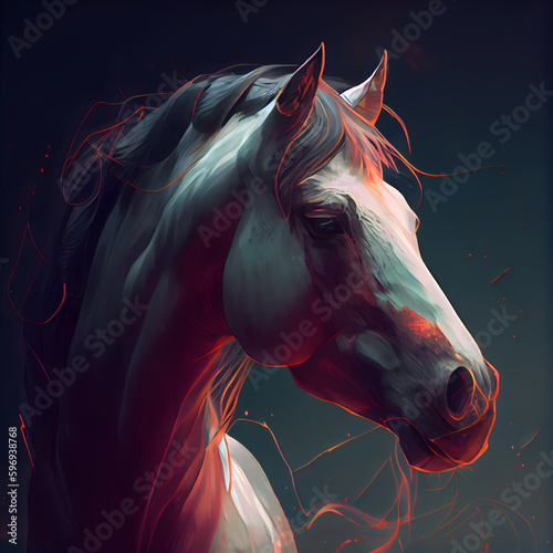 Fantasy portrait of a horse with red mane on a black background