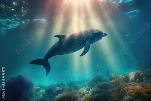 Dolphin swimming in the under sea , Beautiful Underwater and colorful coral in wild nature of the Pacific Ocean, generative AI © Kien