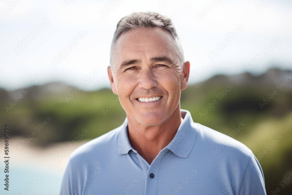 Portrait of smiling man standing by pool in park on a sunny day Portrait of smiling man standing by pool in park on a sunny day