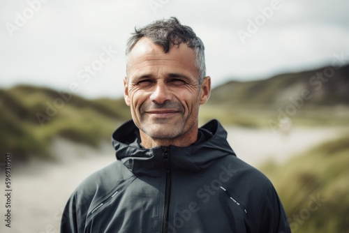 Portrait of smiling middle-aged man standing on a beach.