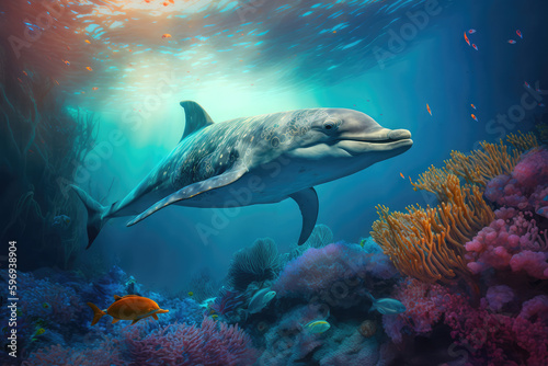 Dolphin swimming in the under sea   Beautiful Underwater and colorful coral in wild nature of the Pacific Ocean  generative AI