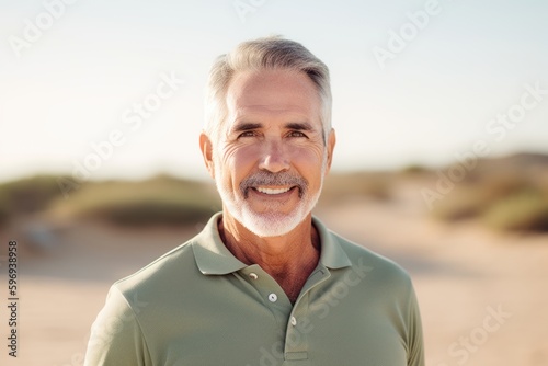 Portrait of smiling senior man standing on beach on a sunny day