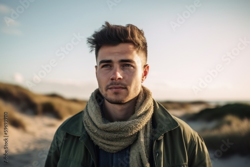 Portrait of a young man standing on the beach at sunset.