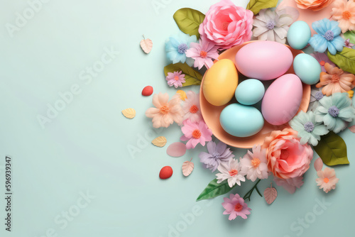 Happy easter day celebration concept, Colorful Easter eggs and flowers background, generative Ai