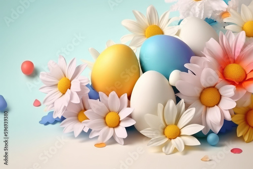 Happy easter day celebration concept  Colorful Easter eggs and flowers background  generative Ai