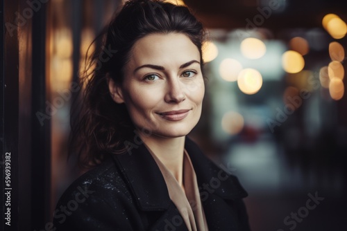 Portrait of a beautiful young woman in a black coat in the city