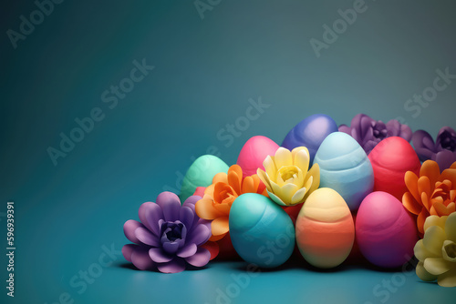 Happy easter day celebration concept, Colorful Easter eggs and flowers background, generative Ai