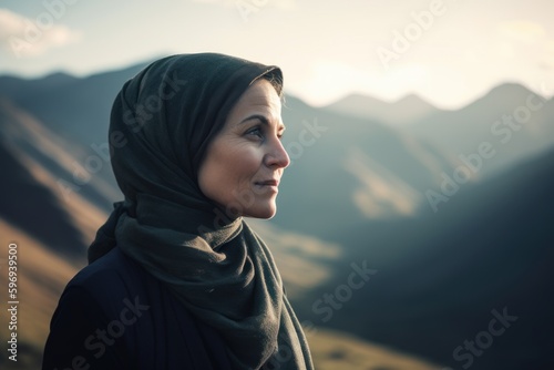 Muslim woman in hijab looking at the mountains in the sunset light.