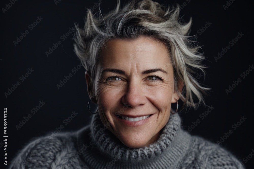 Portrait of a beautiful middle-aged woman in a gray sweater