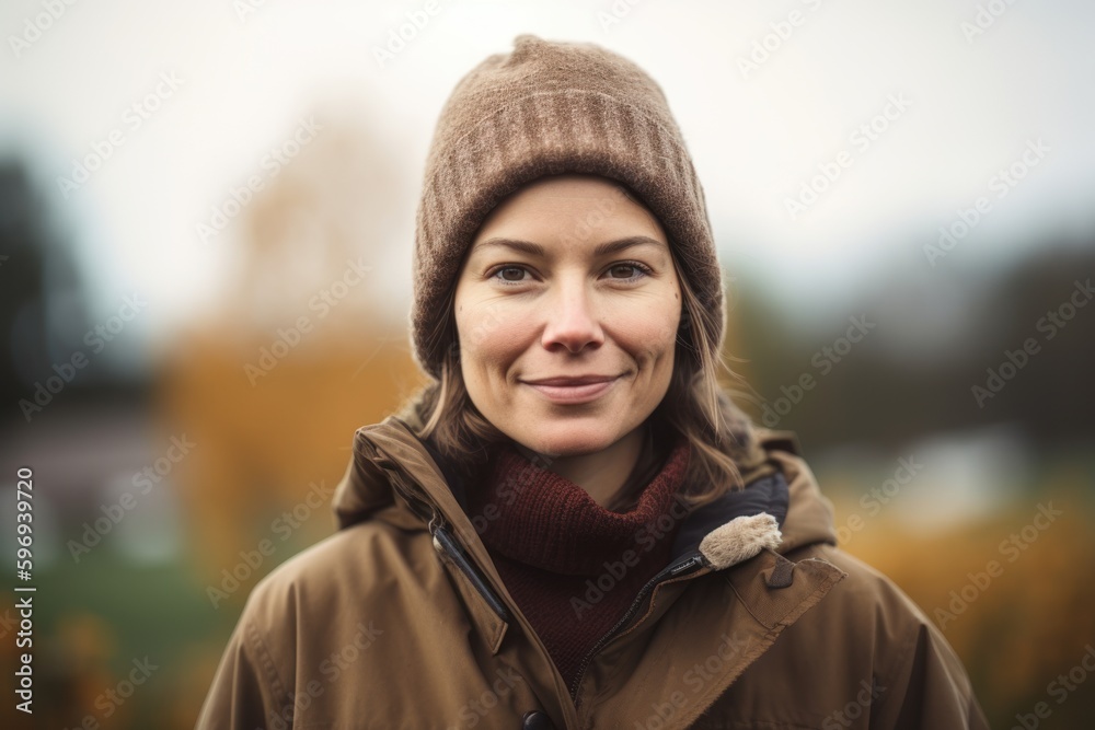 Portrait of a smiling woman in a warm coat and hat in the autumn park Portrait of a smiling woman in a warm coat and hat in the autumn park
