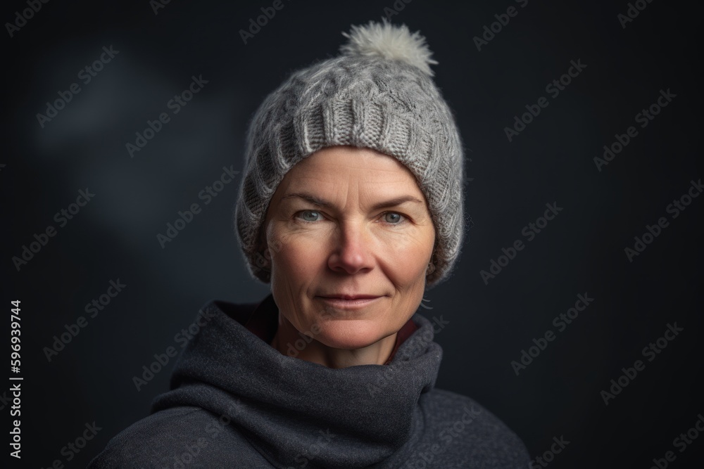 Portrait of a middle-aged woman in a gray knitted hat on a dark background Portrait of a middle-aged woman in a gray knitted hat on a dark background
