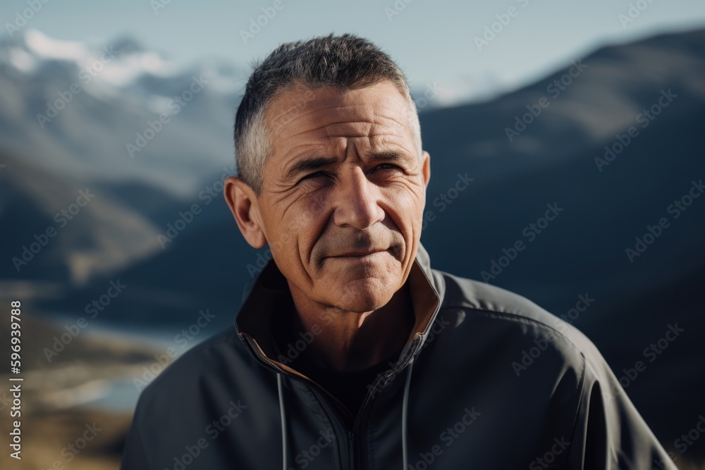 Portrait of mature man looking at camera while standing in mountains. Portrait of mature man looking at camera while standing in mountains.