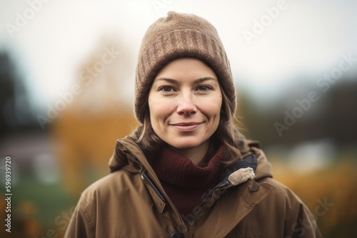 Portrait of a smiling woman in a warm coat and hat in the autumn park © Eber Braun