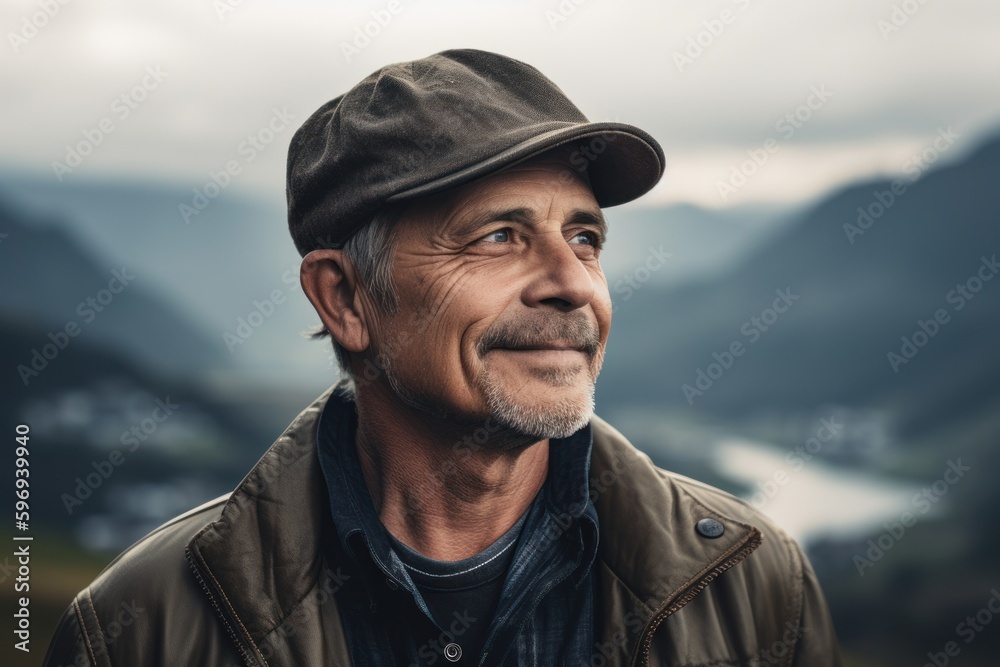 Portrait of a happy senior man with cap looking away in the mountains
