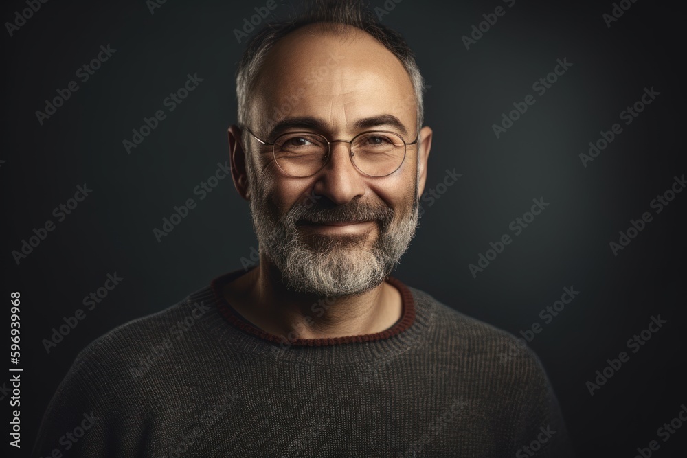 Portrait of a smiling mature man in glasses on a dark background