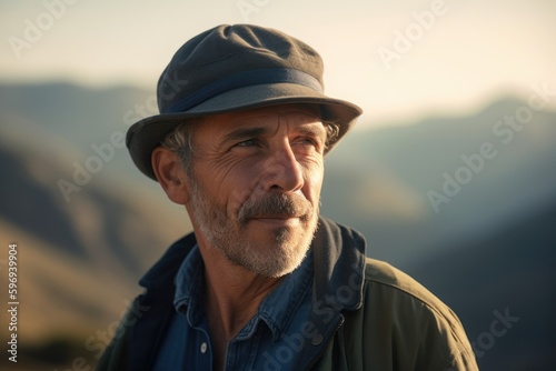 Portrait of senior man with hat on top of mountain at sunset