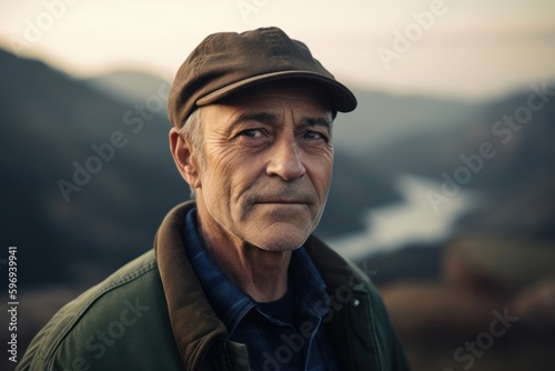 Portrait of a senior man with cap looking at camera in the mountains