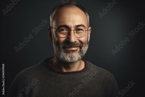 Portrait of a smiling mature man in glasses on a dark background