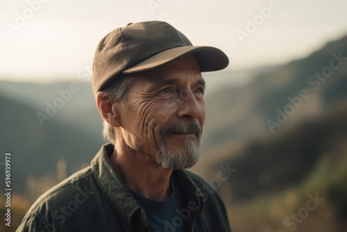 Portrait of senior man in cap looking away while hiking in mountains