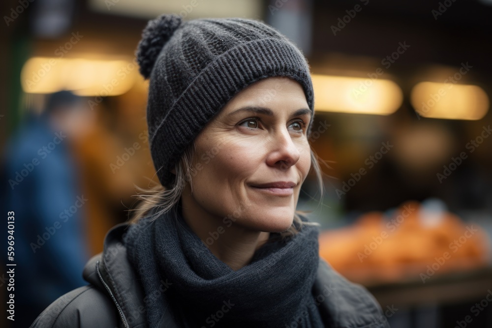 Portrait of a beautiful middle aged woman in a hat and scarf