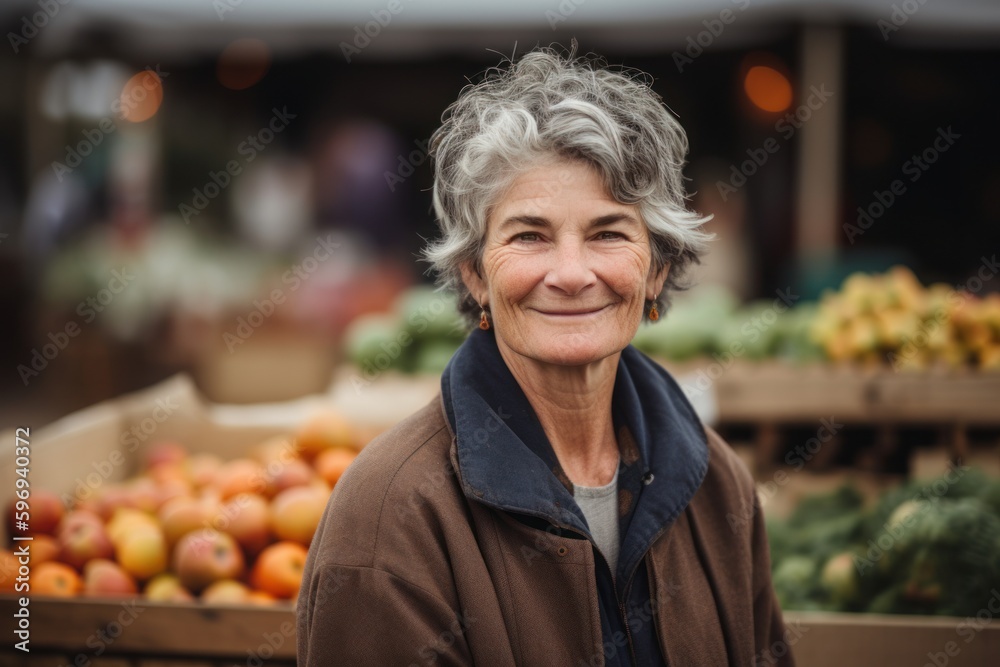 Portrait of smiling senior woman standing in front of counter at market