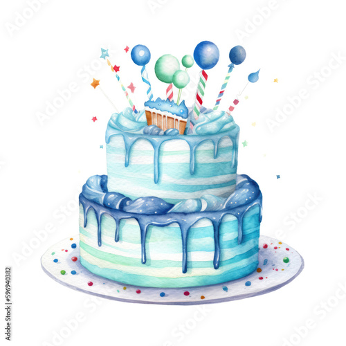 Blue birthday cake watercolor Generative AI