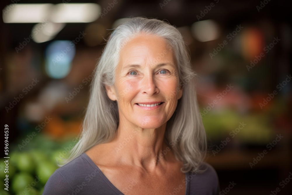Portrait of smiling senior woman at grocery store, looking at camera Portrait of smiling senior woman at grocery store, looking at camera