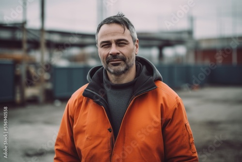 Portrait of a man in an orange jacket in an industrial area