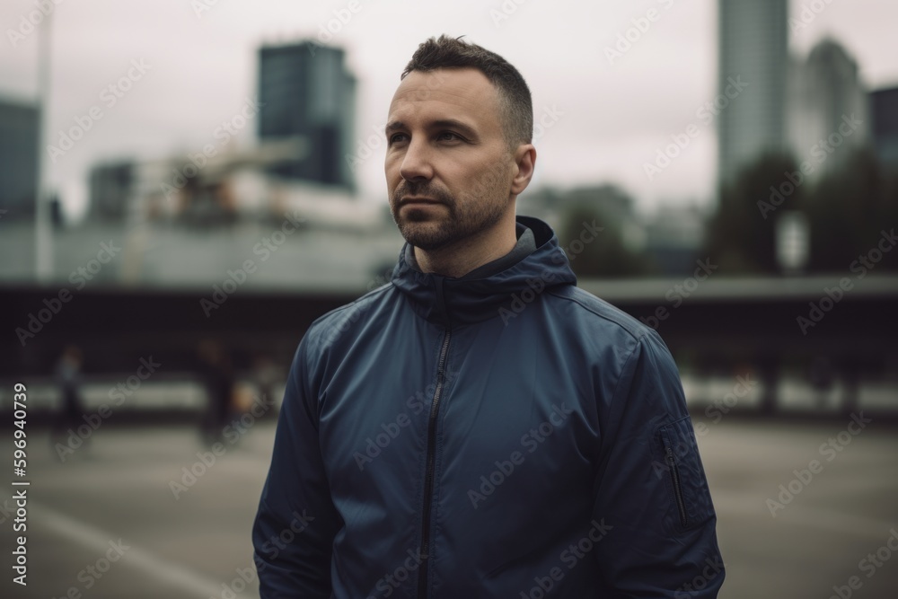 Young handsome bearded man with short hair wearing blue jacket in the city Young handsome bearded man with short hair wearing blue jacket in the city