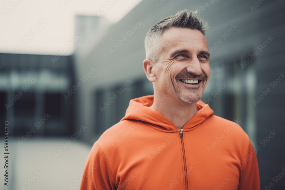 Fototapeta premium Portrait of handsome mature man in sportswear looking at camera and smiling while standing outdoors