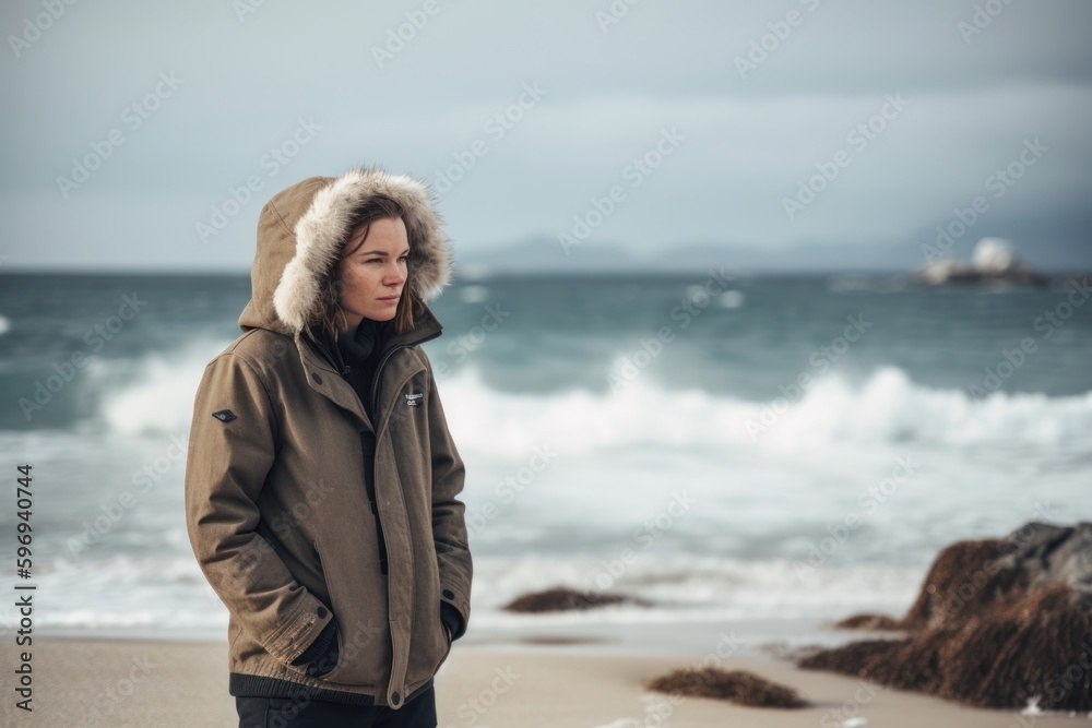Young woman in a jacket and hood standing on the beach in winter Young woman in a jacket and hood standing on the beach in winter
