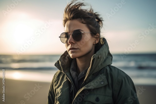 Portrait of a young woman wearing sunglasses on the beach at sunset