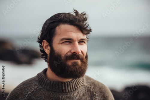 Portrait of a bearded man on the beach, wearing a sweater.