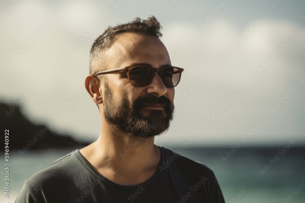 Portrait of a handsome bearded man in sunglasses on the beach.