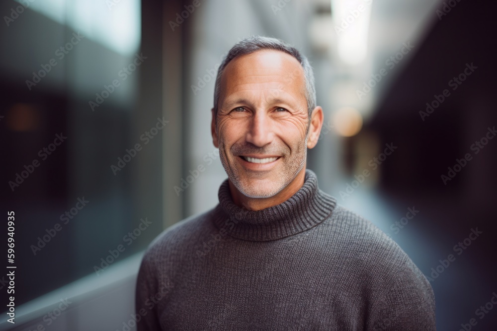 Portrait of smiling mature man standing in corridor of modern office building Portrait of smiling mature man standing in corridor of modern office building