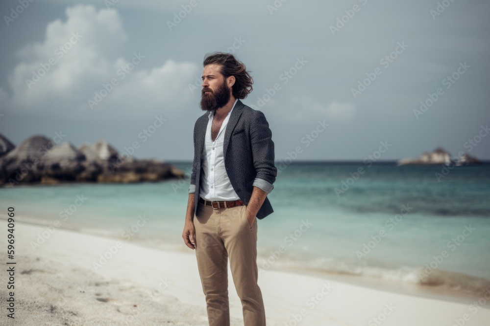 Handsome bearded man standing on the beach looking away and thinking Handsome bearded man standing on the beach looking away and thinking