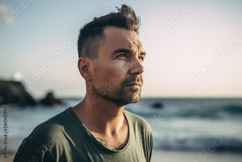 Portrait of handsome young man looking away while standing on the beach
