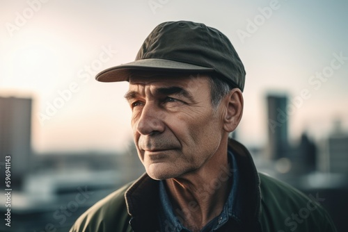 Environmental portrait photography of a pleased man in his 50s wearing a cool cap or hat against a futuristic city or skyline background. Generative AI