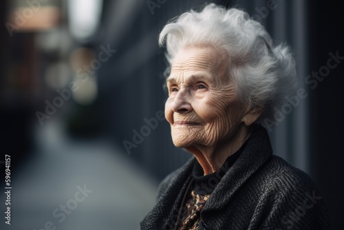 Portrait of an old woman on a background of the city.