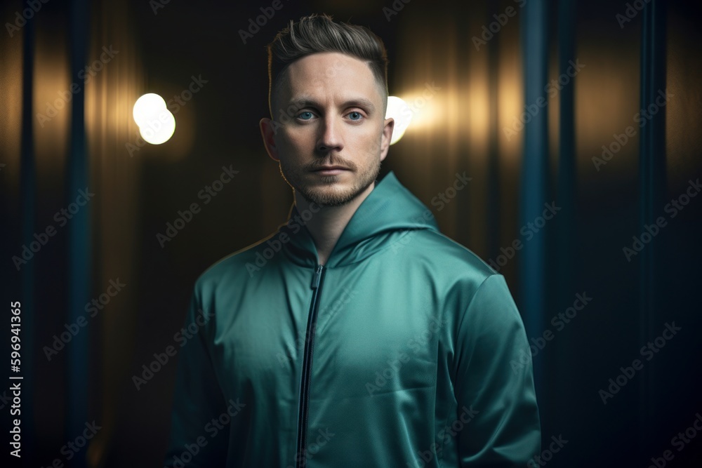Portrait of a handsome young man in a turquoise sportswear.