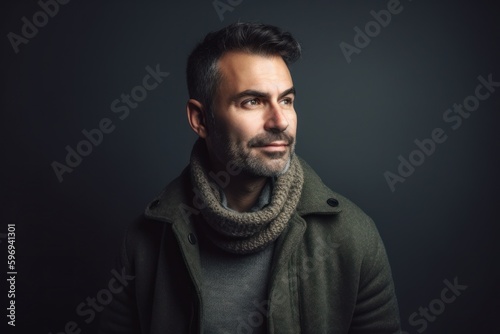 Portrait of handsome man in coat and scarf on dark background.