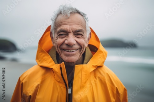 Portrait of smiling senior man in yellow raincoat on the beach