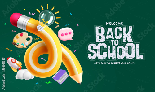 Back to school vector concept design. Back to school greeting text with curve pencil and educational elements. Vector illustration in chalkboard background. 