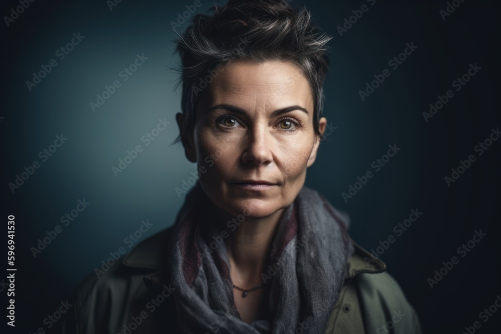 Portrait of a sad woman in a coat on a dark background Portrait of a sad woman in a coat on a dark background