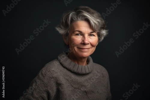 Portrait of a smiling senior woman on a dark background. Gray hair.