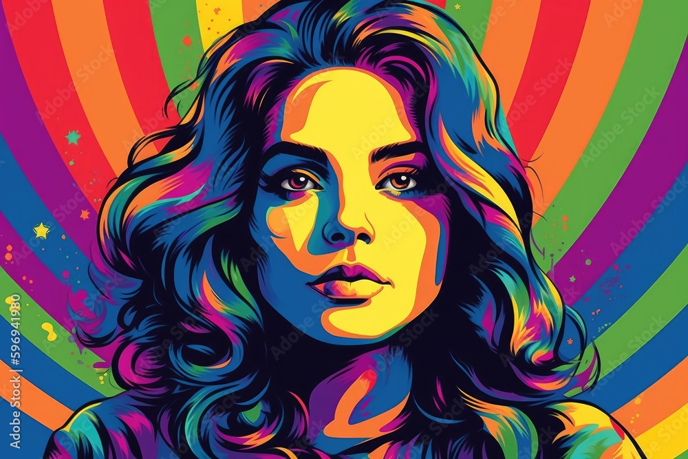 Pride month and LGBTQ awareness illustration. Colorful rainbow woman portrait with Generative AI