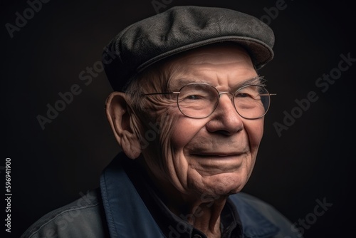 Portrait of an old man with glasses and a cap on a dark background